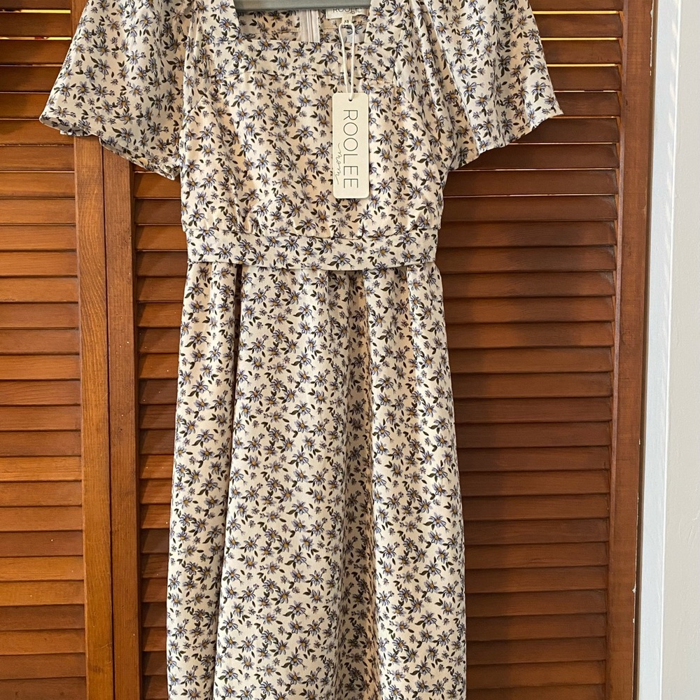 ROOLEE Floral Midi Dress - Cream and Blue - Picture 1 of 6